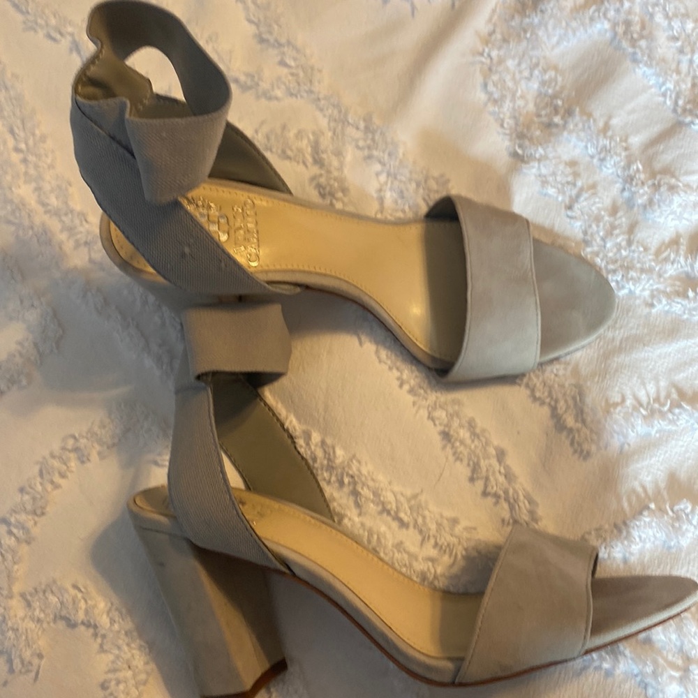Vince Camuto Gray Suede Elastic Strap Block Heels